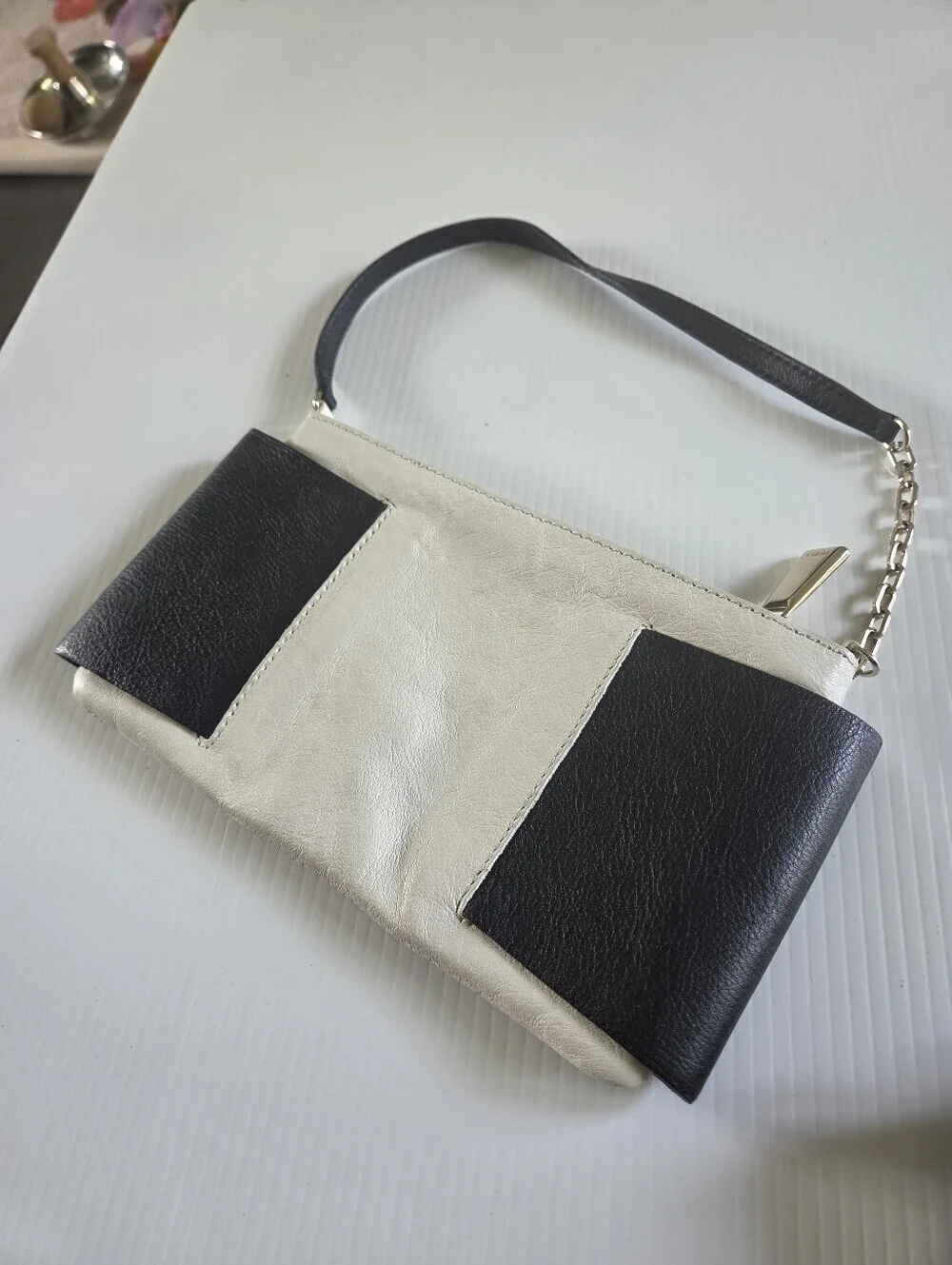 Furla Black & White Colorblock Leather Chain Strap Mini Bag Made in Italy